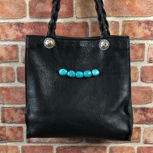 Vtg Turquoise Black Leather Bag Handcrafted Paige Wallace Western Cowgirl Boho